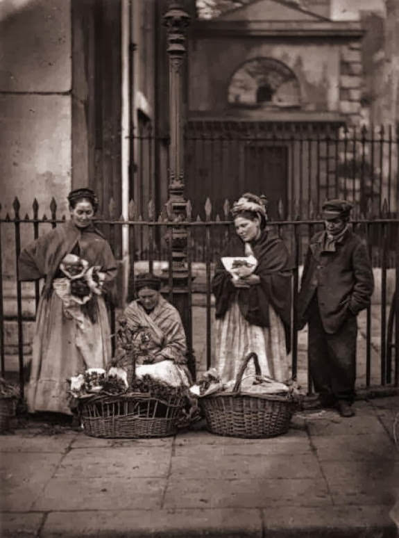 #14 Victorian flower women selling bouquets at Covent Garden market, 1877.