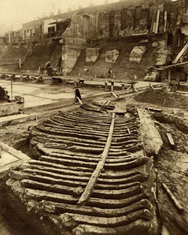 #85 Roman galley discovered during County Hall construction, 1910.