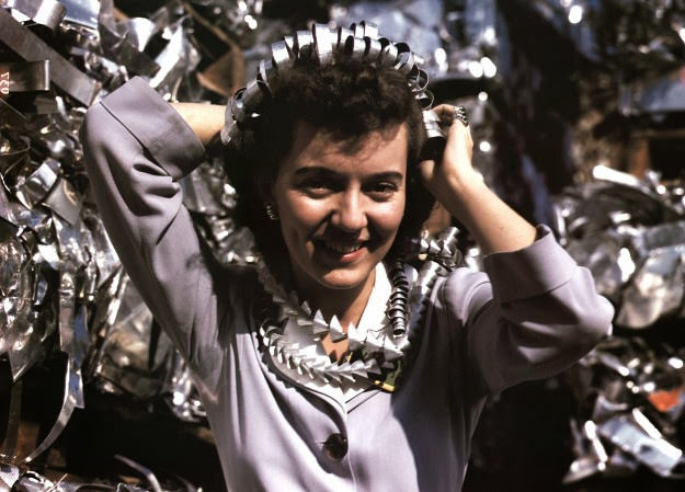 Annette del Sur publicizes a salvage campaign at Douglas Aircraft Company, Long Beach, California, 1942.