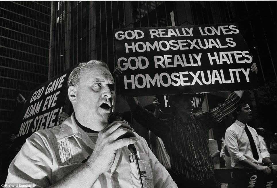 #28 A man speaks at an anti-gay demonstration on Sixth Avenue, 1989.