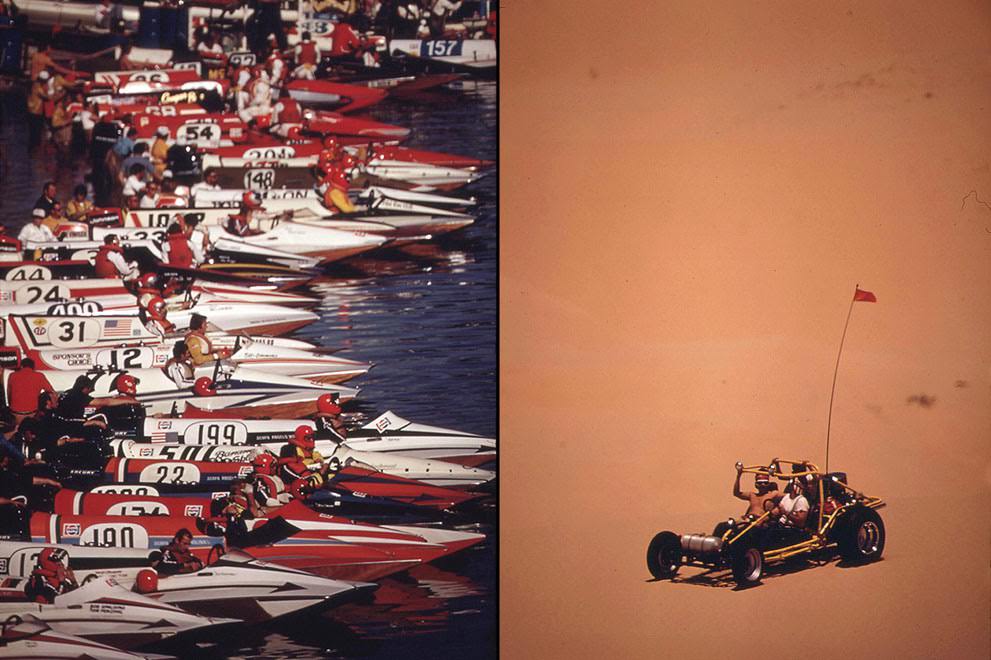 #6 Left: The start of the annual Outboard World Championship boat race on Lake Havasu near Parker, Arizona; Right: A dune buggy on sand dunes east of Brawley, California, 1972.