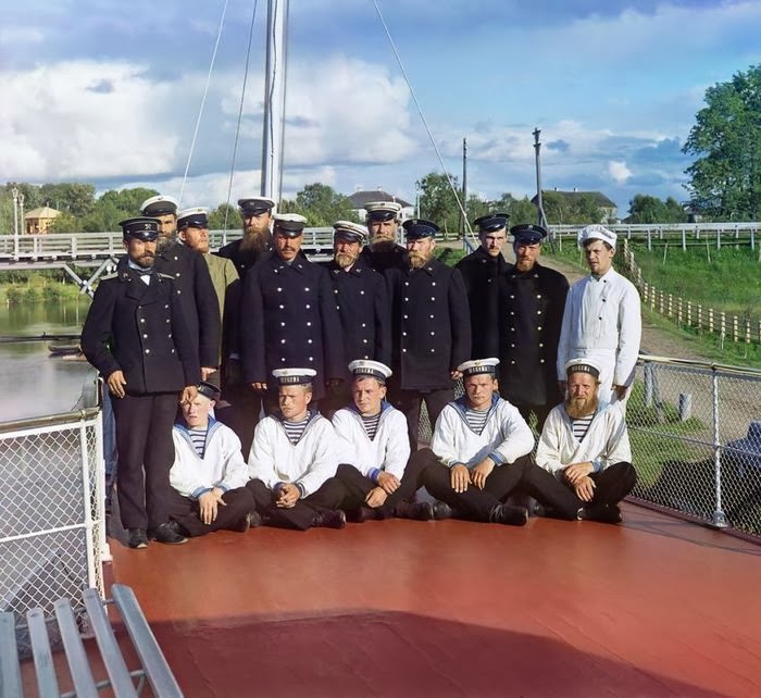 Crew of the steamship “Sheksna” of the M.P.S., Russian Empire, 1909.