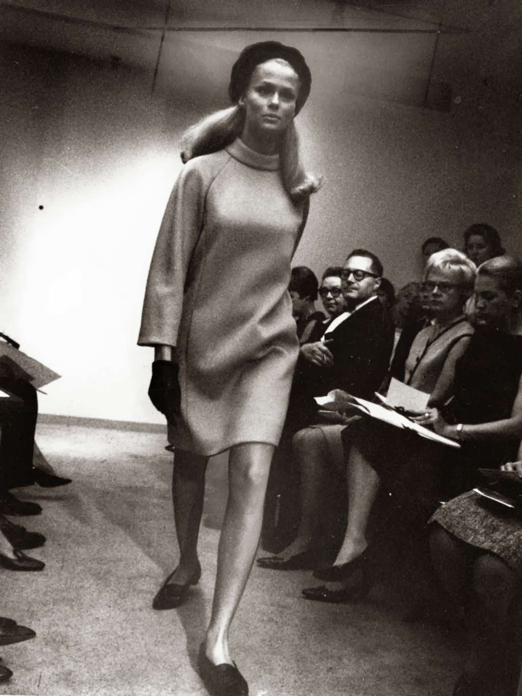 “Tiffeau’s sweater dress.” On the runway in New York. Recognize Lauren Hutton? — Tribune archive photo, July 7, 1966