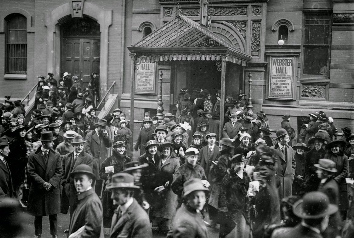 #76 Garment workers protesting outside Webster Hall, 11th Street between 3rd and 4th Avenues, 1915.