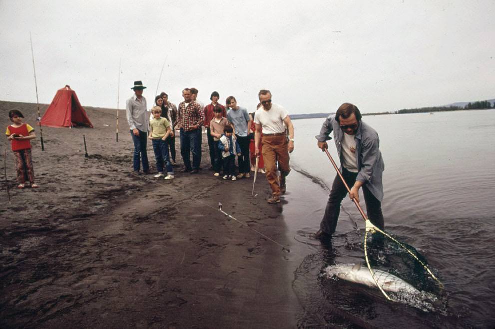 #16 A 22-pound silver salmon, caught by a Columbia River sports fisherman, is brought ashore, 1973.