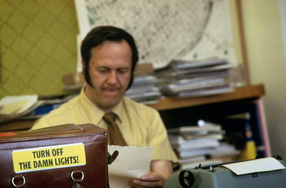 #21 “Turn Off the Damn Lights” sticker in a Portland business office, 1973.