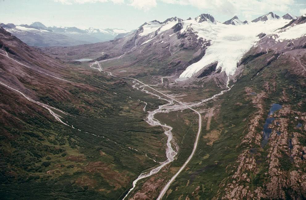 #28 A view west toward Worthington Glacier and Thompson Pass near Valdez, Alaska, where the pipeline will parallel the Richardson Highway, 1974.