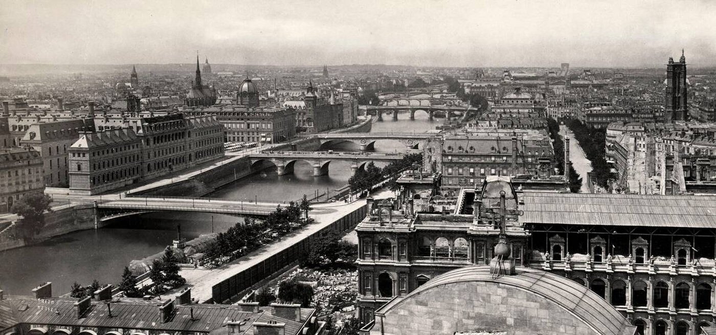 #47 19th century photograph: View of Paris city centre along River Seine, France.