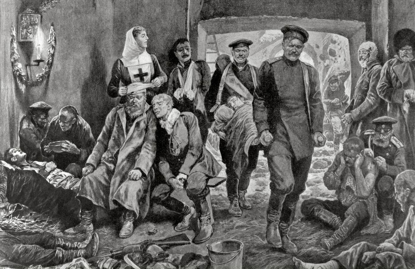 #22 Campaign hospital of the Russian troops in Manchuria with the arrival of a wounded soldier during the Russo-Japanese War, 1900s.