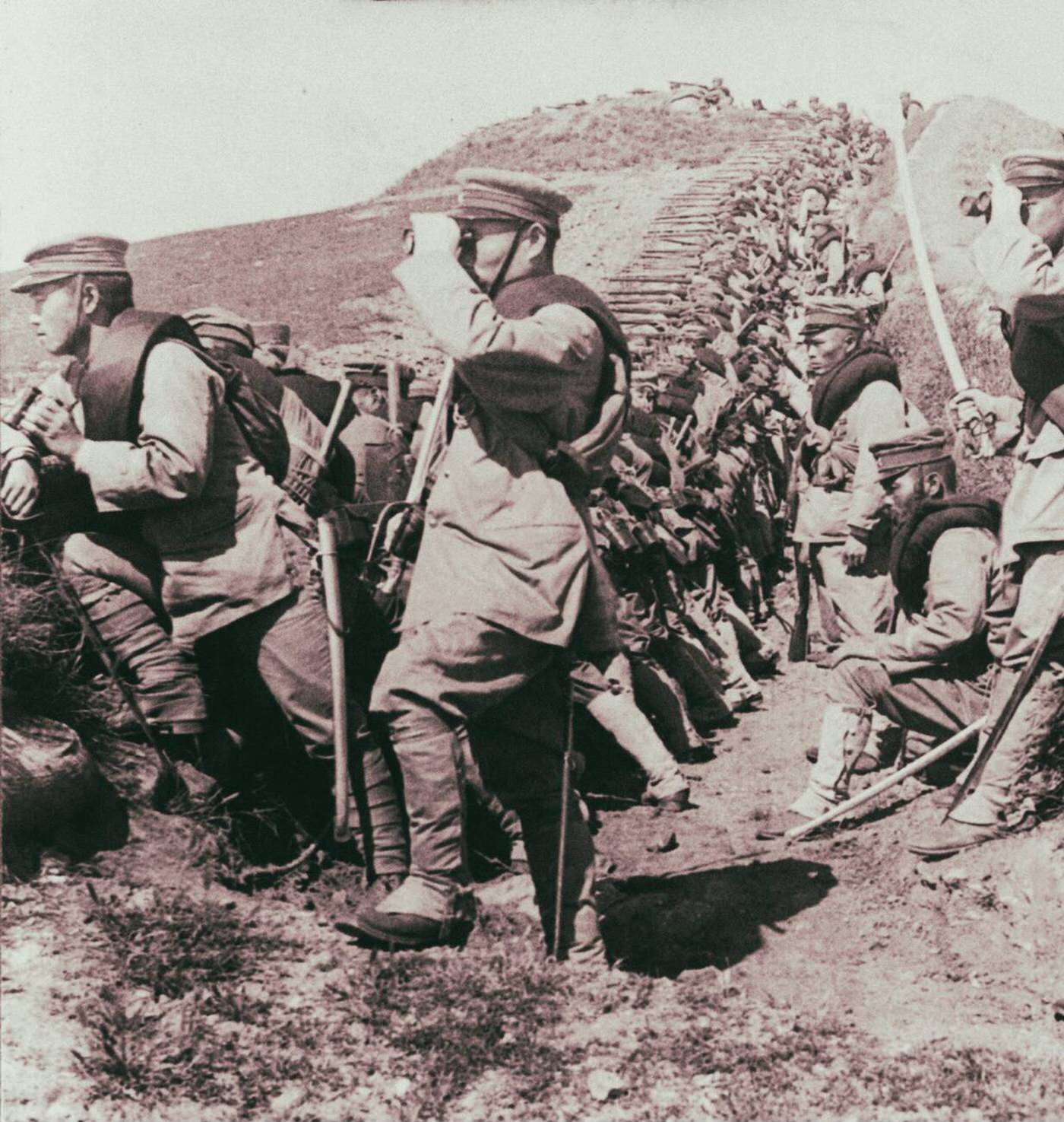 #38 Alert Japanese soldiers near Tehling, Manchuria expecting an attack from Russian cavalry, 1905.