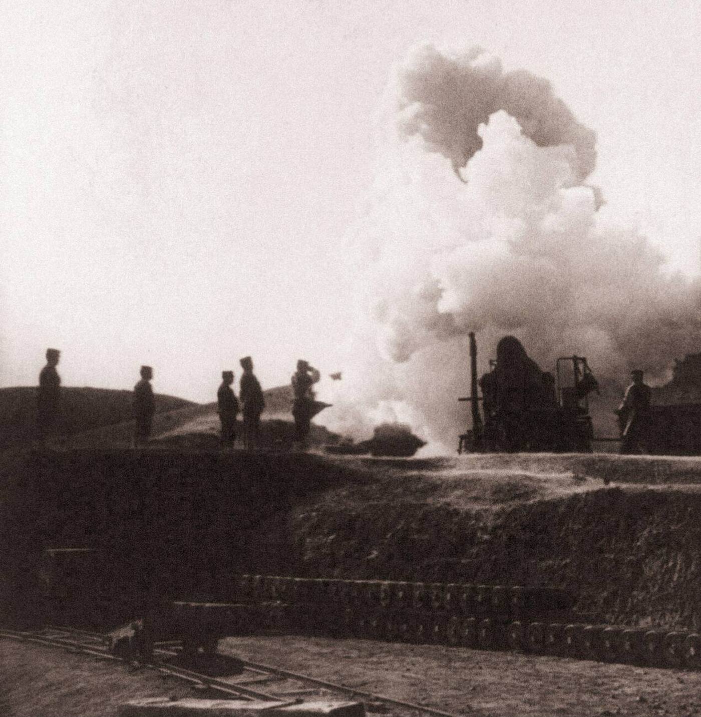 #42 Enormous 11-inch shell from a Japanese siege gun beginning its deadly flight into Port Arthur, China, during the Russo-Japanese War, 1900s.
