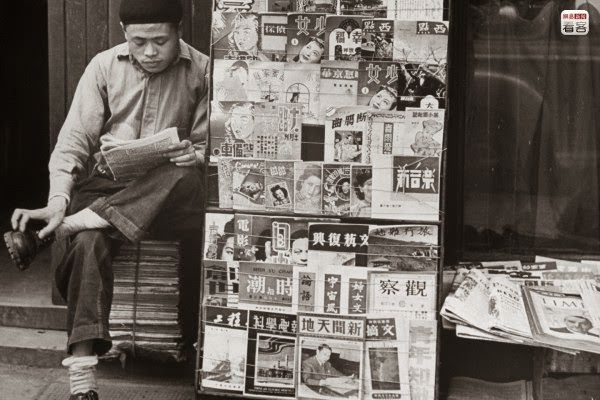 #20 1947 June 1, a newsstand on the side of a Shanghai street. Other than local newspapers and periodicals, Time, Esquire, and similar periodicals were popular sellers on the streets of Shanghai.