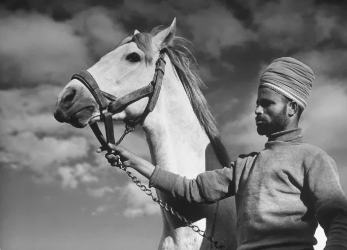 #10 A Moroccan soldier of the French expeditionary force holds an officer’s Arabian horse inside the great citadel at Aleppo, 1940.