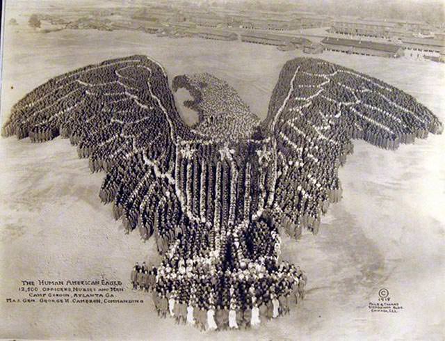 12,500 officers, nurses, and soldiers from Camp Gordon form a human eagle, 1918.