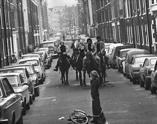 Four horsemen riding down the streets of Amsterdam during a ‘motor-less day’ due to the oil crisis, 1973.