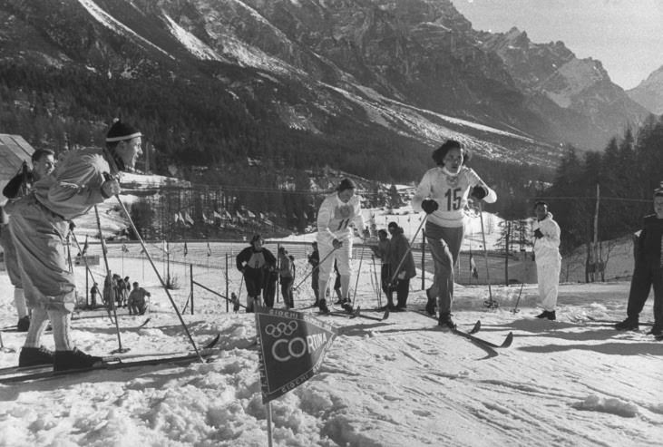 Russian cross-country skiers Radya Yeroshina (silver) and Lyubov Kozyreva (gold), Cortina, Italy, 1956