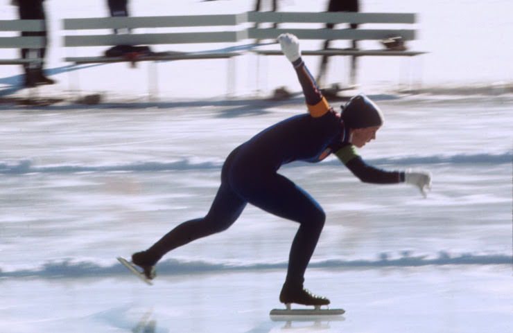 Anne Henning, 16, skating to victory in the 500-meter speed skating race at the Sapporo Winter Olympics, 1972