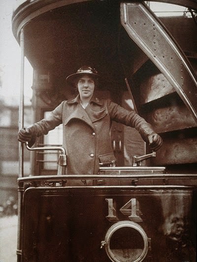 A woman tram driver, pictured in 1916, during the First World War.