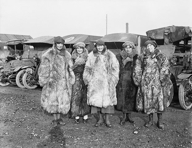 Five women ambulance drivers of the First Aid Nursing Yeomanry pictured at Calais, 1917.