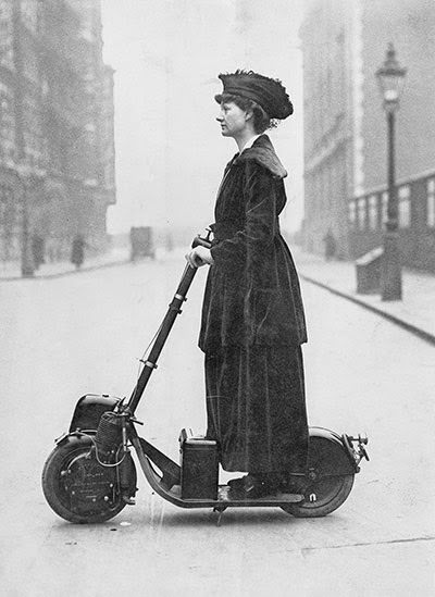 Lady Florence Norman, a suffragette, on her motor-scooter in 1916, traveling to work at offices in London where she was a supervisor.