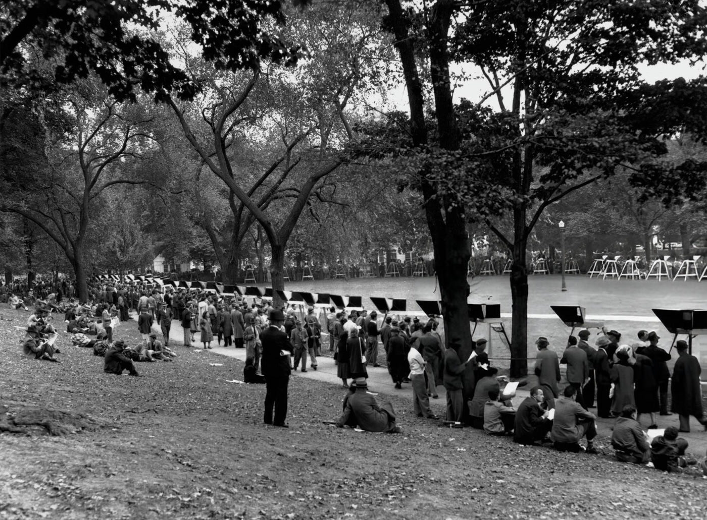 #47 Fans view the Boston Braves vs Cleveland Indians game in the 1948 World Series Tournament on television sets on the Boston Common, 1948.