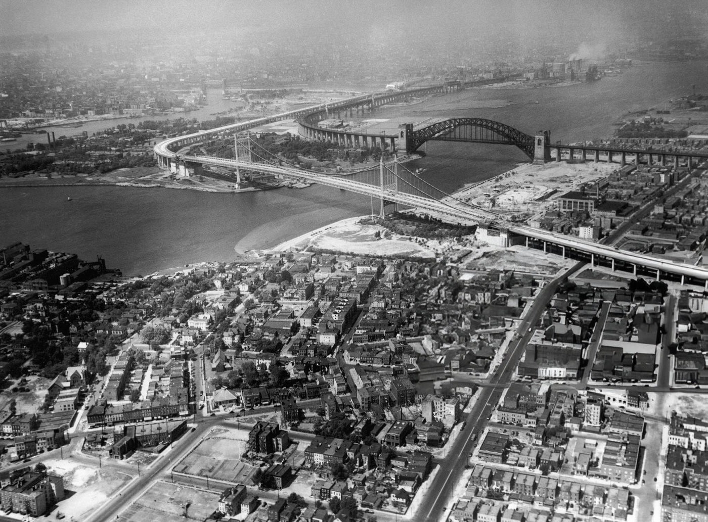 #50 Aerial view of the Triborough Bridge with Hell Gate Bridge in the background, 1940s.