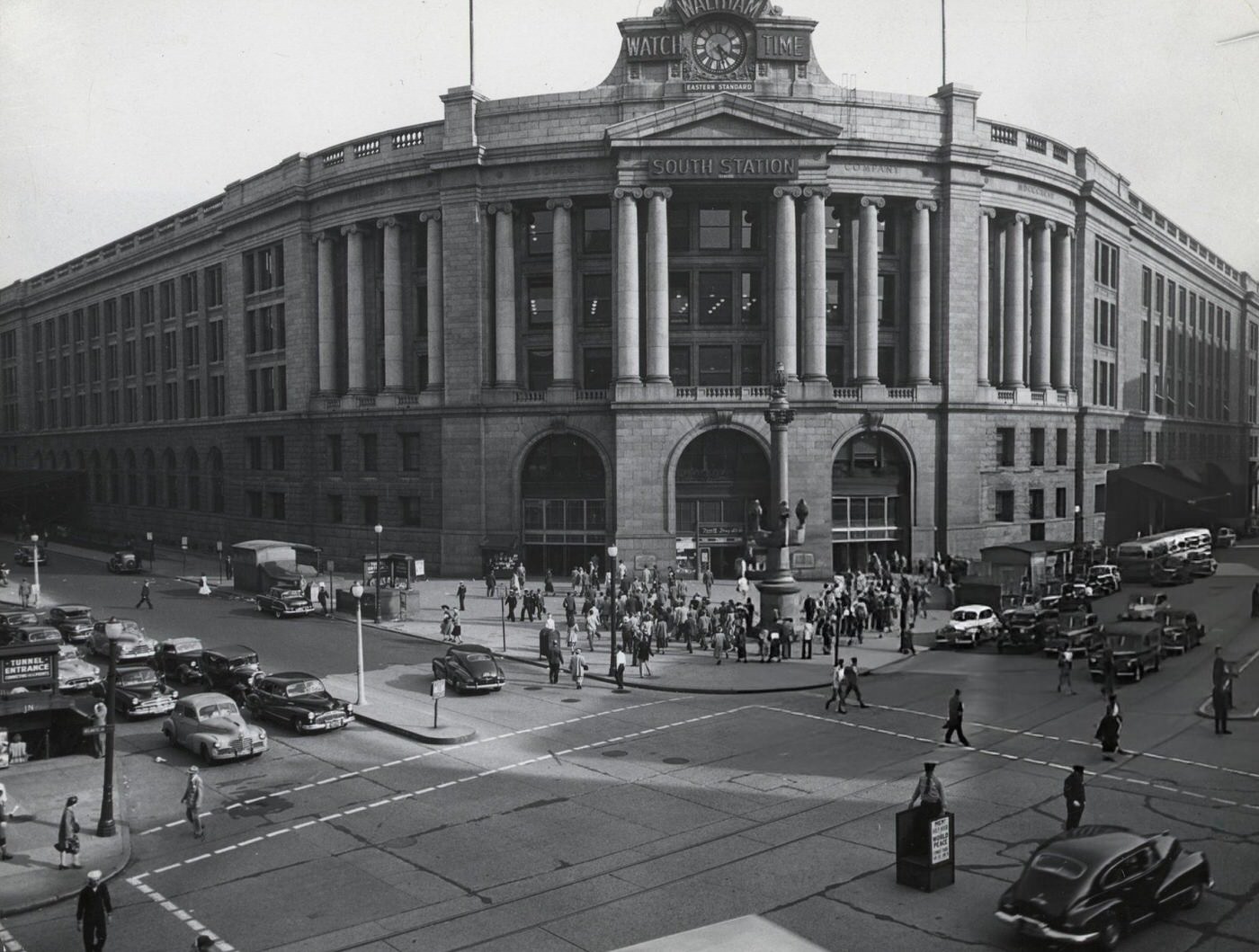 #53 South Station in Boston, from the corner of Atlantic Avenue, 1940s.