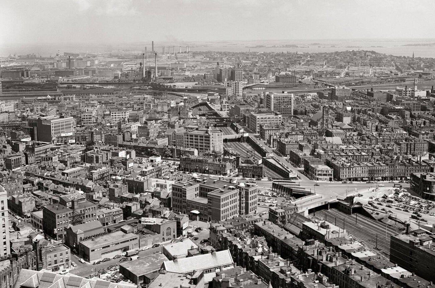 #68 View northeast from the Old John Hancock Building looking out to the harbor in Boston, 1940s–1950s.