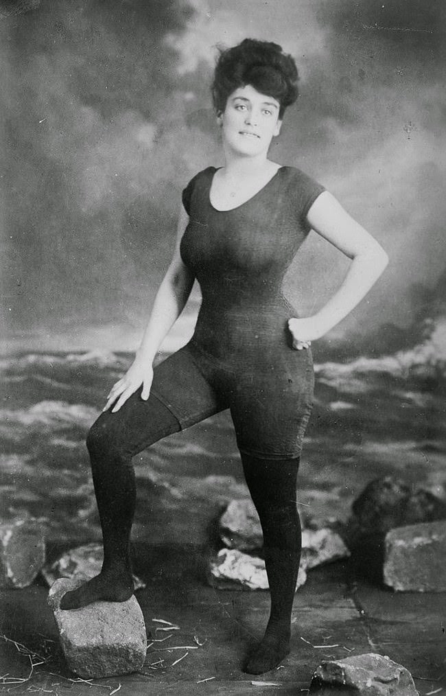 #16 Annette Kellerman posing in a swimsuit that got her arrested for indecency, 1907.