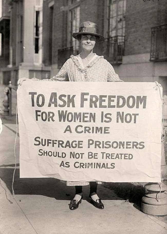 #9 A woman suffrage activist protesting after ‘The Night of Terror,’ when 33 suffrage activists had been arrested for ‘obstructing traffic’ and were badly beaten by prison guards, 1917.