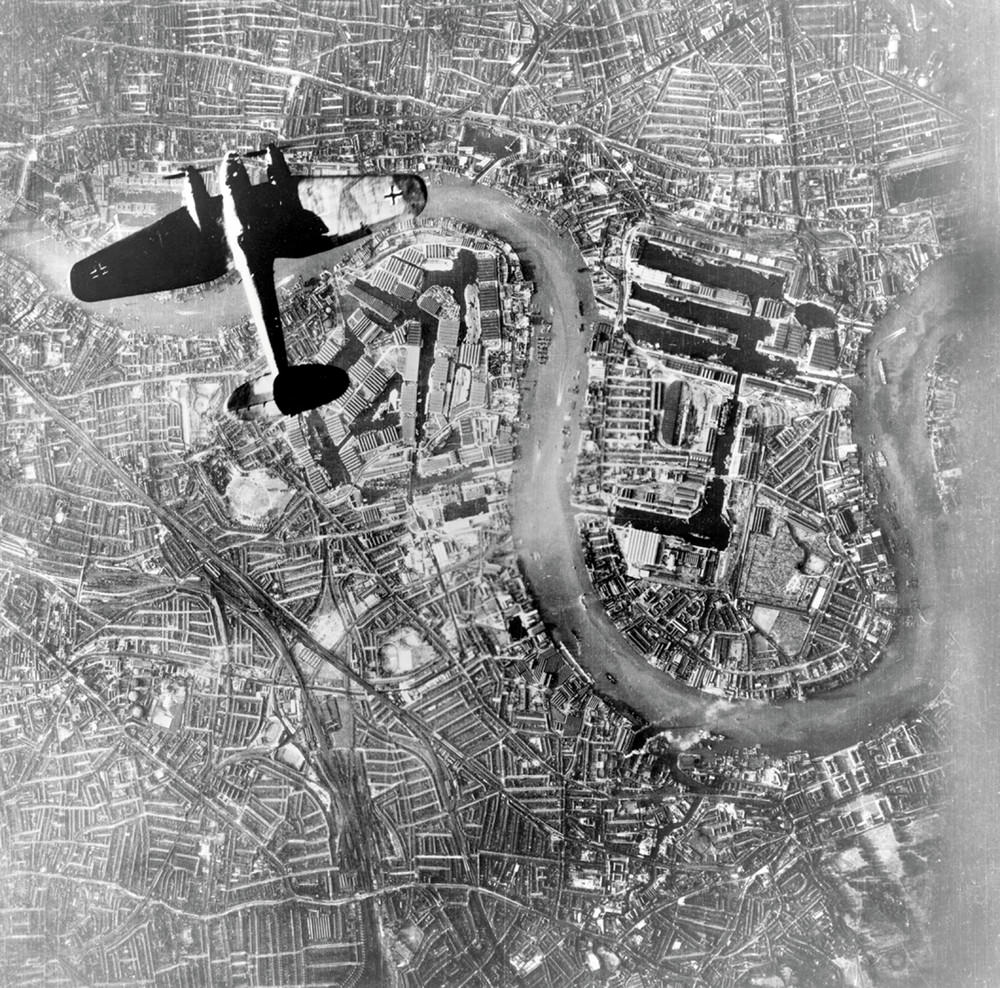 #16 A Heinkel He111 bomber flies over central London on 7 September 1940 in this shot taken by the Luftwaffe, and found in a German archive of aerial photography seized by the Allies after the War. Visible directly below is one of the city’s key targets – the huge industrial complex of the Royal Docks.