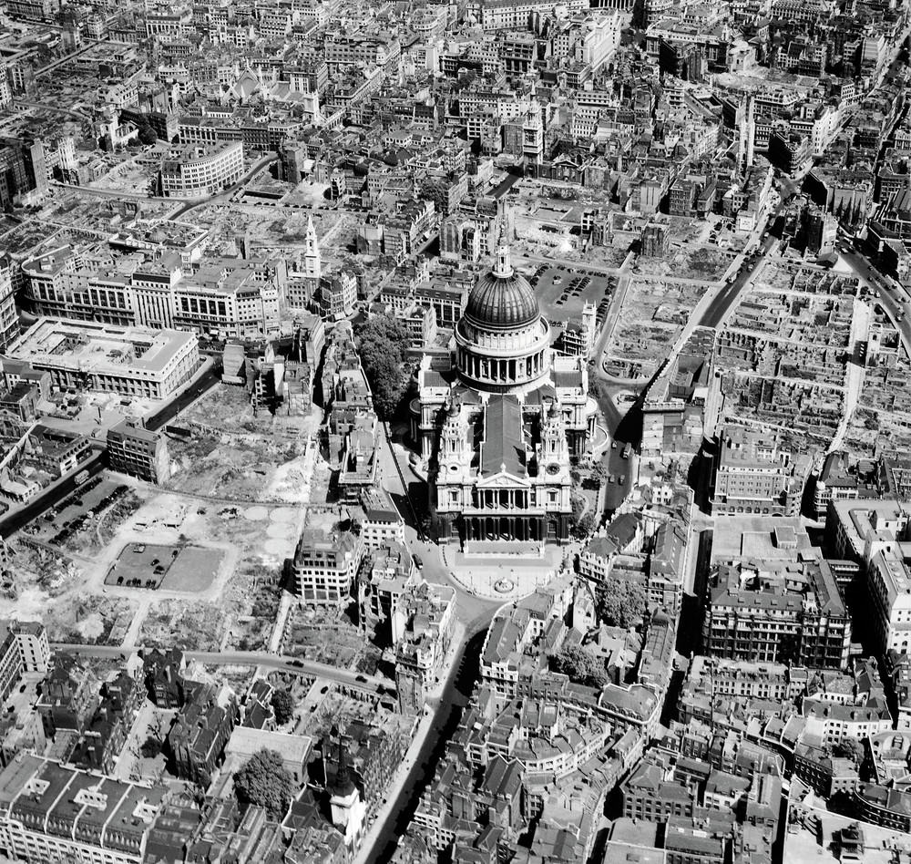 #18 St Paul’s Cathedral sits seemingly untouched at the centre of a scene of urban devastation. At the height of the Blitz, London’s largest religious monument was transformed into a symbol of resolve, resilience and hope. Winston Churchill was keenly aware of the role that Christopher Wren’s Renaissance masterpiece could play in maintaining national morale and pride, and he issued the order that ‘the cathedral must be preserved at all costs’.