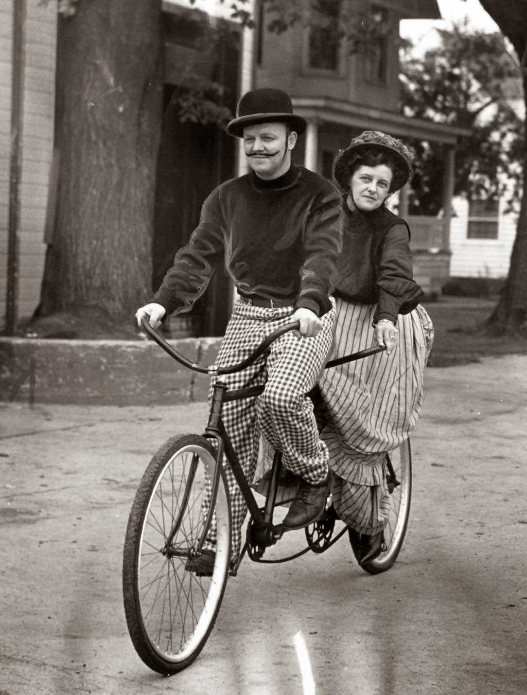 Mr. and Mrs. Wilbur Fredrick, of Huntley, Ill., on a tandem bike they rode in the town’s centennial parade, 1951.