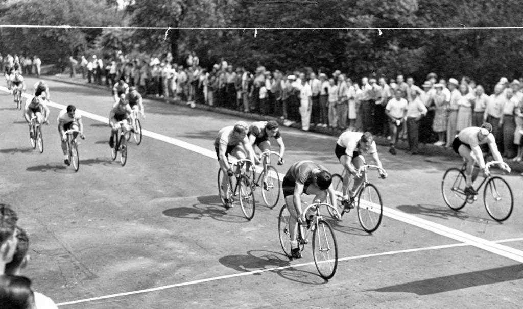 Ted Smith, of Buffalo, N.Y., Tom Montemage, also of Buffalo, and Richard Olda, of St. Louis, finished first, second, and third respectively in the senior men’s 5 mile bicycle race at Humboldt Park, 1945.