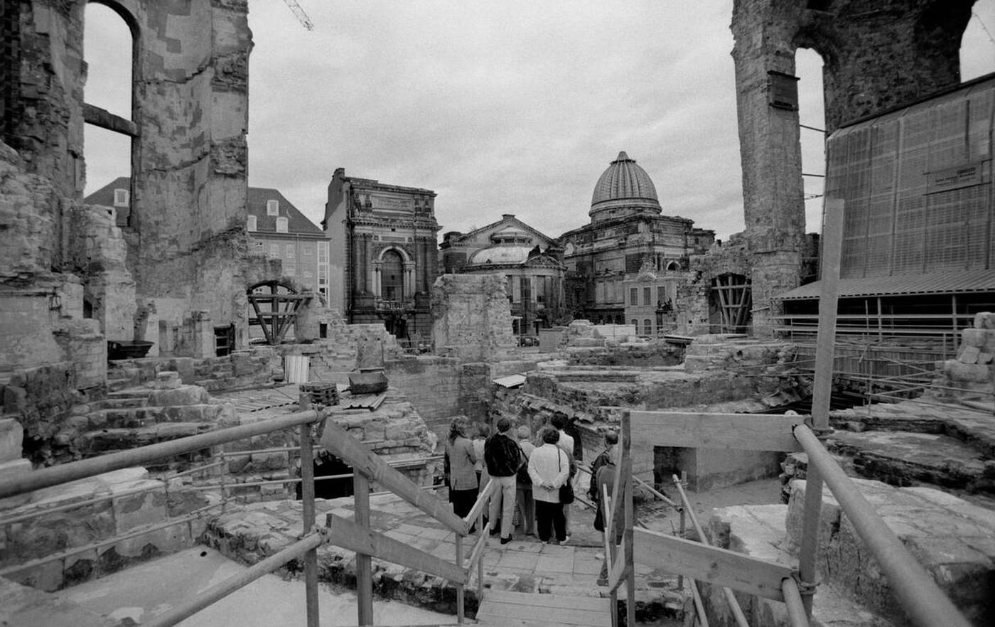 #28 The ruins of the Dresden Frauenkirche destroyed during bombing in February 1945 being prepared for reconstruction after reunification, 1994.