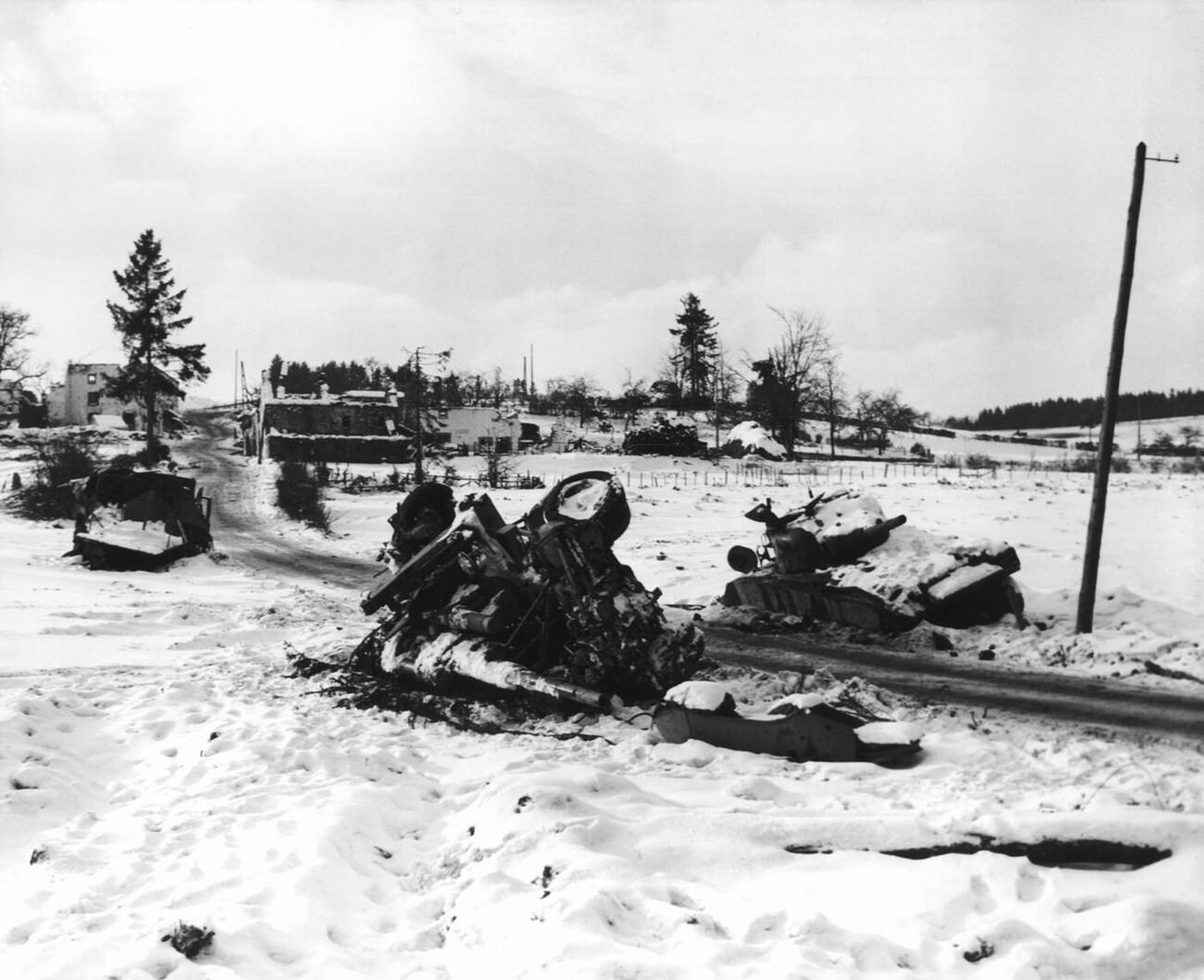 Destroyed equipment after an attack of the 35th US Division against Lutremange, Western Front, Battle of the Bulge, 1945.