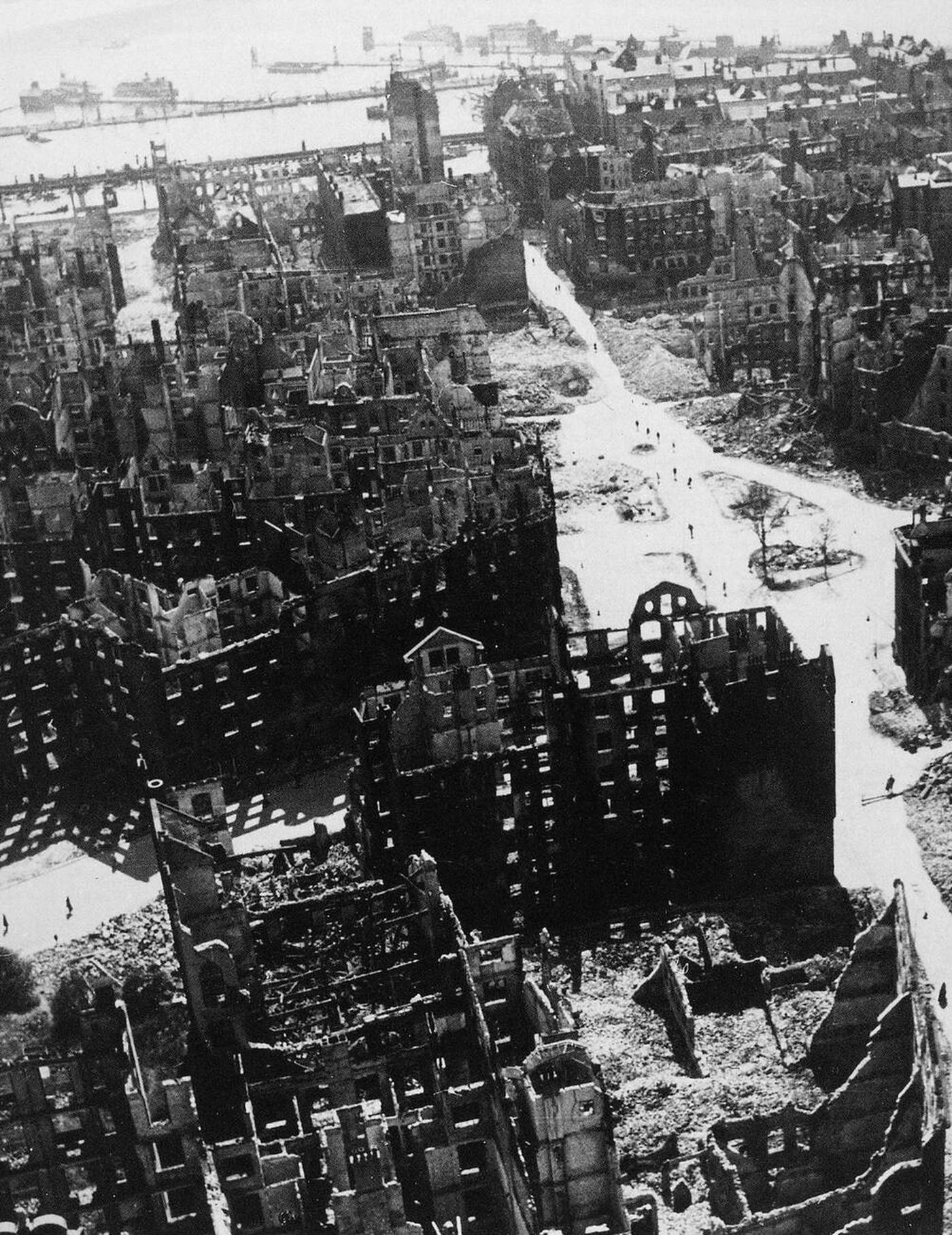 #76 View of Hamburg from a church tower one month after Operation Gomorrah, 1943.