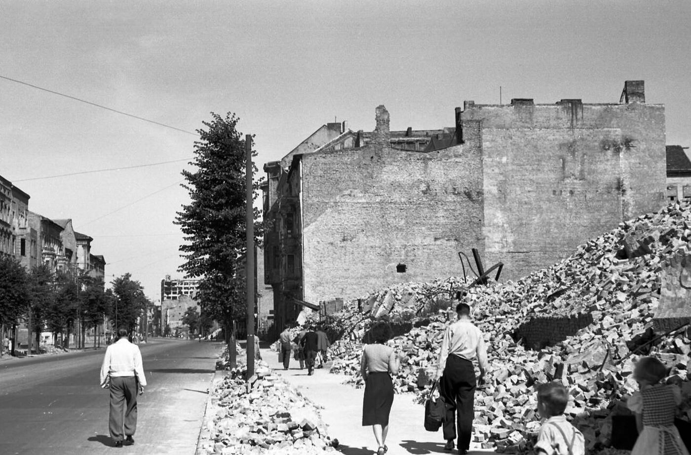 Debris of a destroyed house in the Stresemannstrasse, Berlin, Germany, 1950.