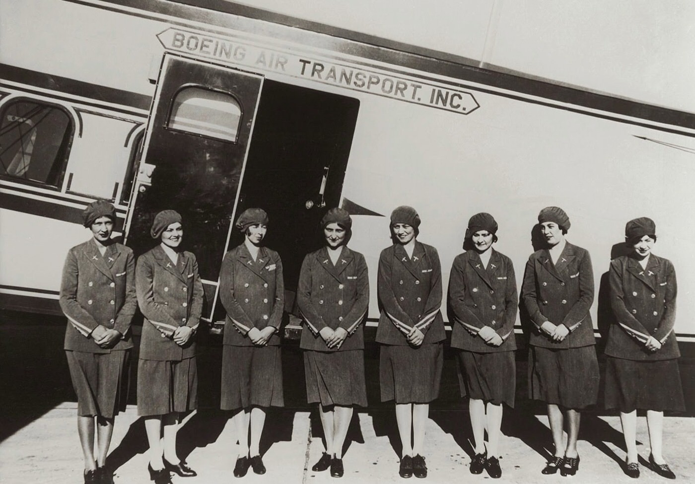 The airline industry’s first stewardesses ready for inspection for Boeing Air Transport, 1930.