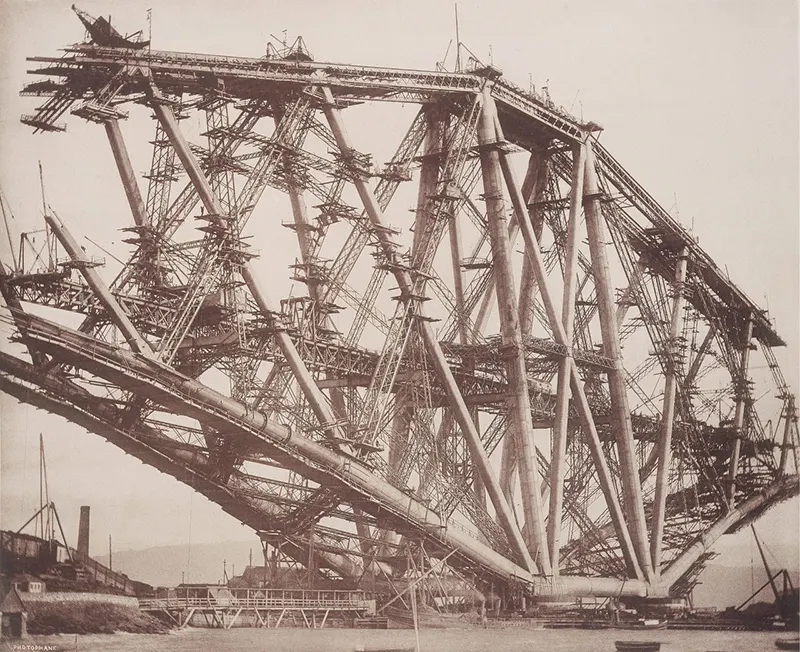 The Fife cantilever under construction, the first steel bridge built with tubes fabricated from sheet steel produced by the Siemens-Martin process, 1888.