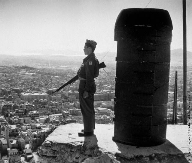 #3 A sentry on guard on Mount Likebetos, overlooking the city of Athens; military forces were employed to guard the city against possible attacks from communist paratrooper guerrillas, 1947.