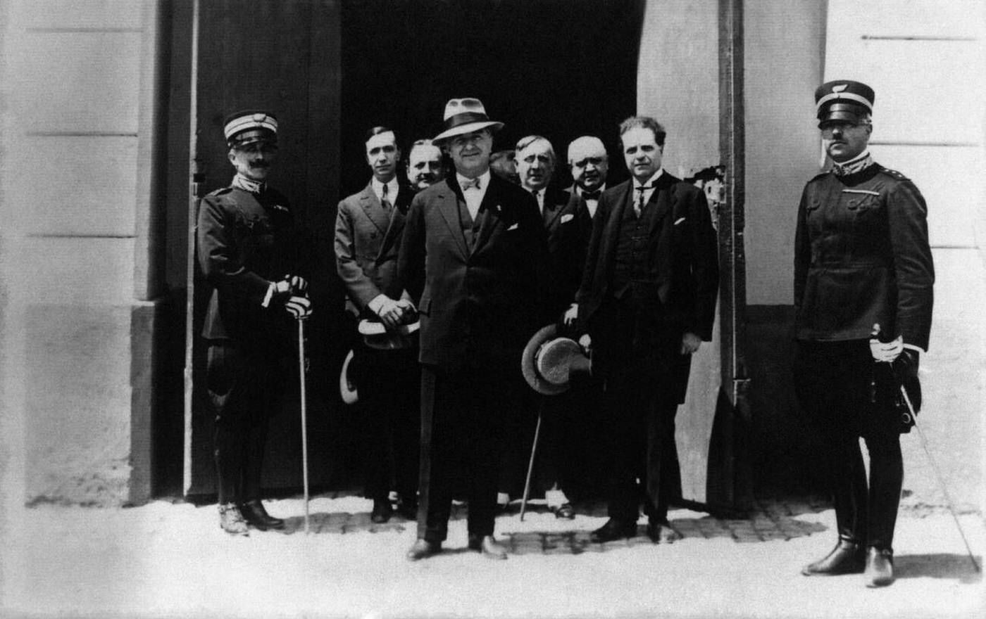 #69 Italian politician and President of the Royal Academy of Italy (Reale Accademia d’Italia) Luigi Federzoni leaving the Farnesina Palace with Italian composer Pietro Mascagni and Italian writer and director Lucio D’Ambra, Rome, Italy, 1930s.