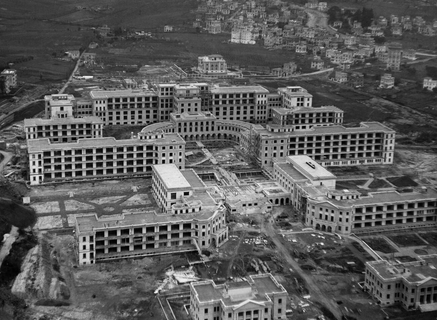 #88 View of the Mussolini sanatorium under construction, now Forlanini hospital, Rome, Italy, 1930s.
