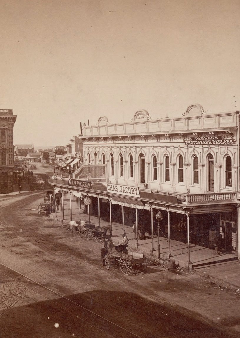 #10 Downey, a city southeast of downtown Los Angeles, is seen here in 1875, just two years after the railroad reached the community.