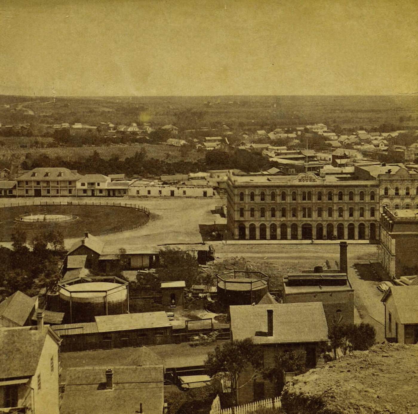 #17 Birdseye View of Los Angeles California with Pico House, 1870.