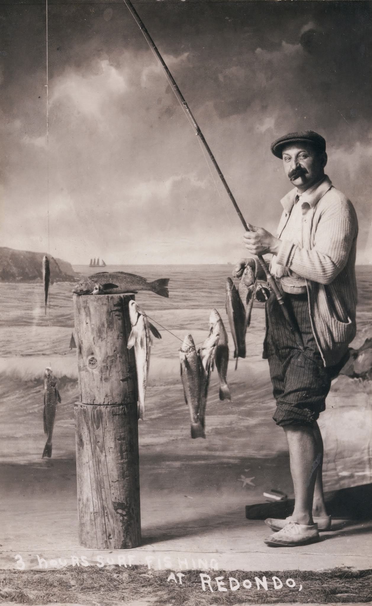 #7 This man is fishing at Redondo Beach, one of Los Angeles’ three beach cities. At the time, Redondo was a source of halibut, lobster, and sea bass.