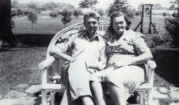 #11 Elizabeth Hanna Shepperd sat for a photo with her son, Kenneth, in Quakertown, Franklin Township, before he left to serve with the Marine Corps in the South Pacific in World War II, 1942.