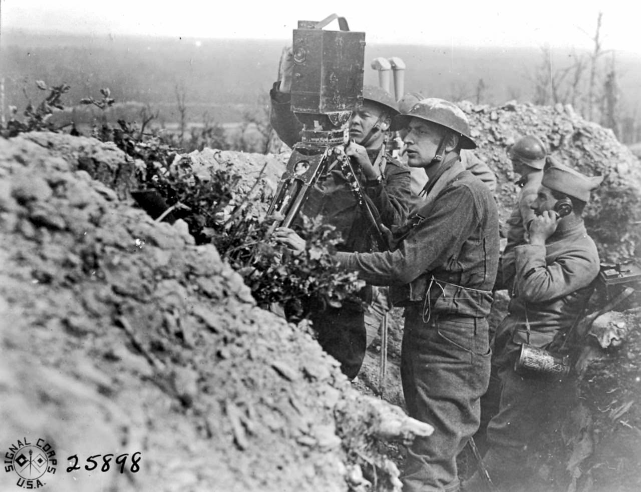 American S.C. Movie Unit at work, in a French OP, Cigarette Butte, (Hill 274) near Mt. Des Allieux France.