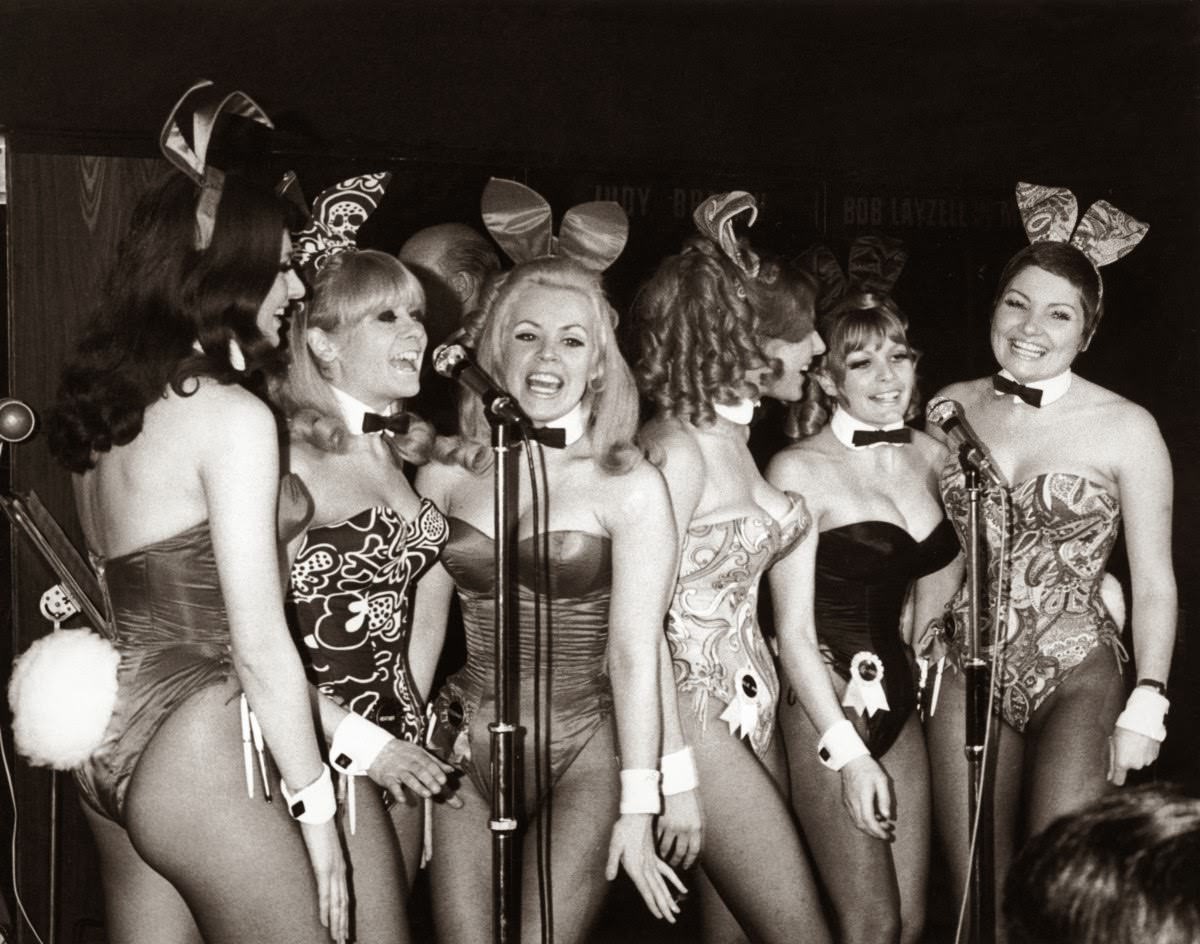The ‘Singing Bunnies’ – Bunny Girl waitresses at the London Playboy Club – perform a song during the club’s ‘Showtime In The Playroom’ spot, 1972.