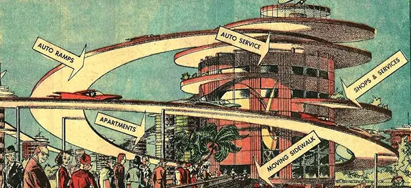 #14 A futuristic landscape of skyscrapers with winding roads and moving sidewalks.